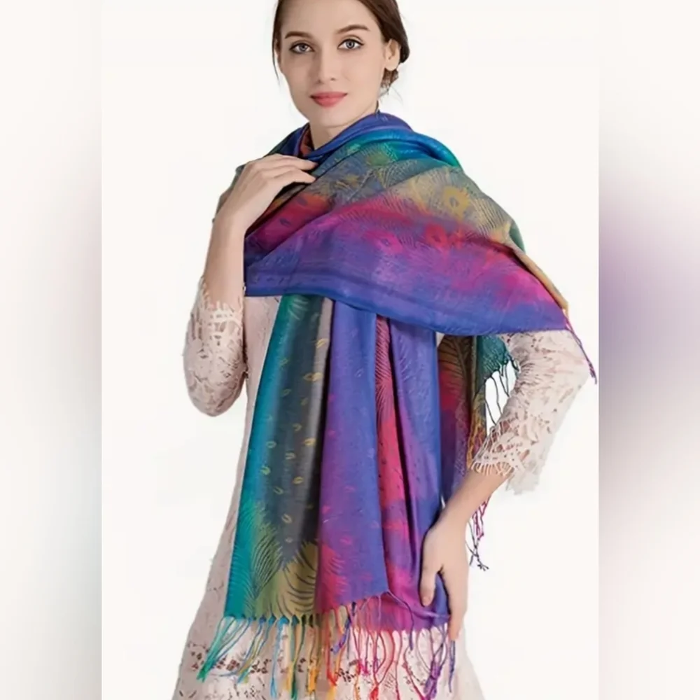 New Colorful Western Blue and Purple Peacock Feather Scarf‎ Dopamine-(#1,417)